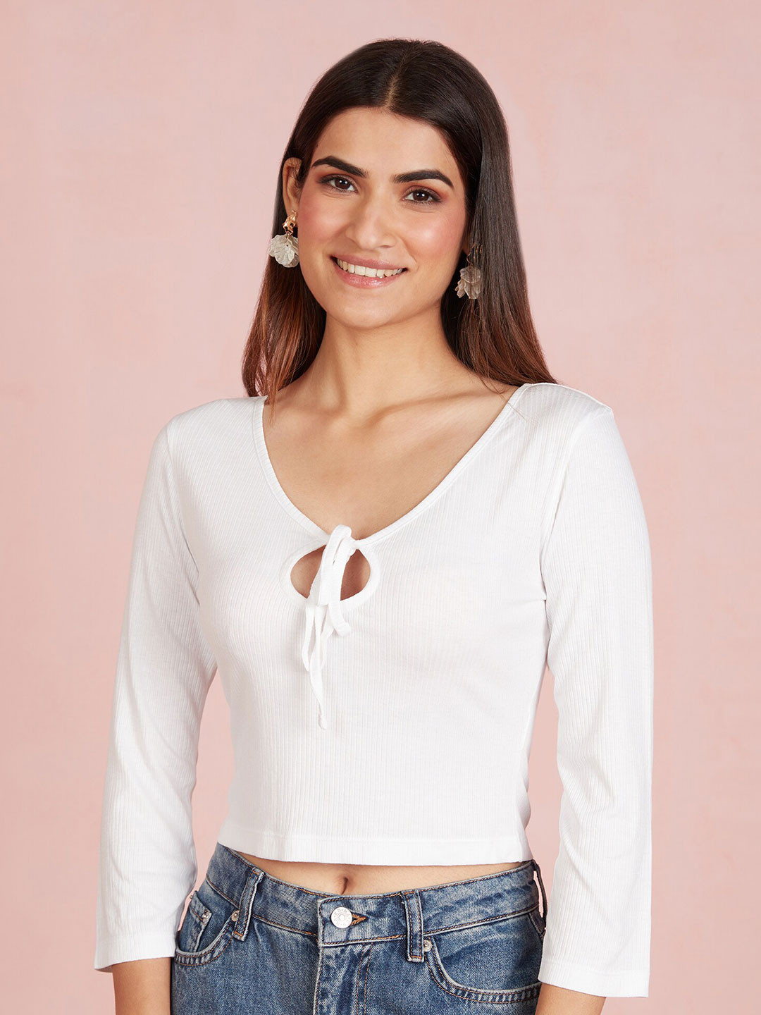 20Dresses White V-Neck Tie-Ups Ribbed Crop Top