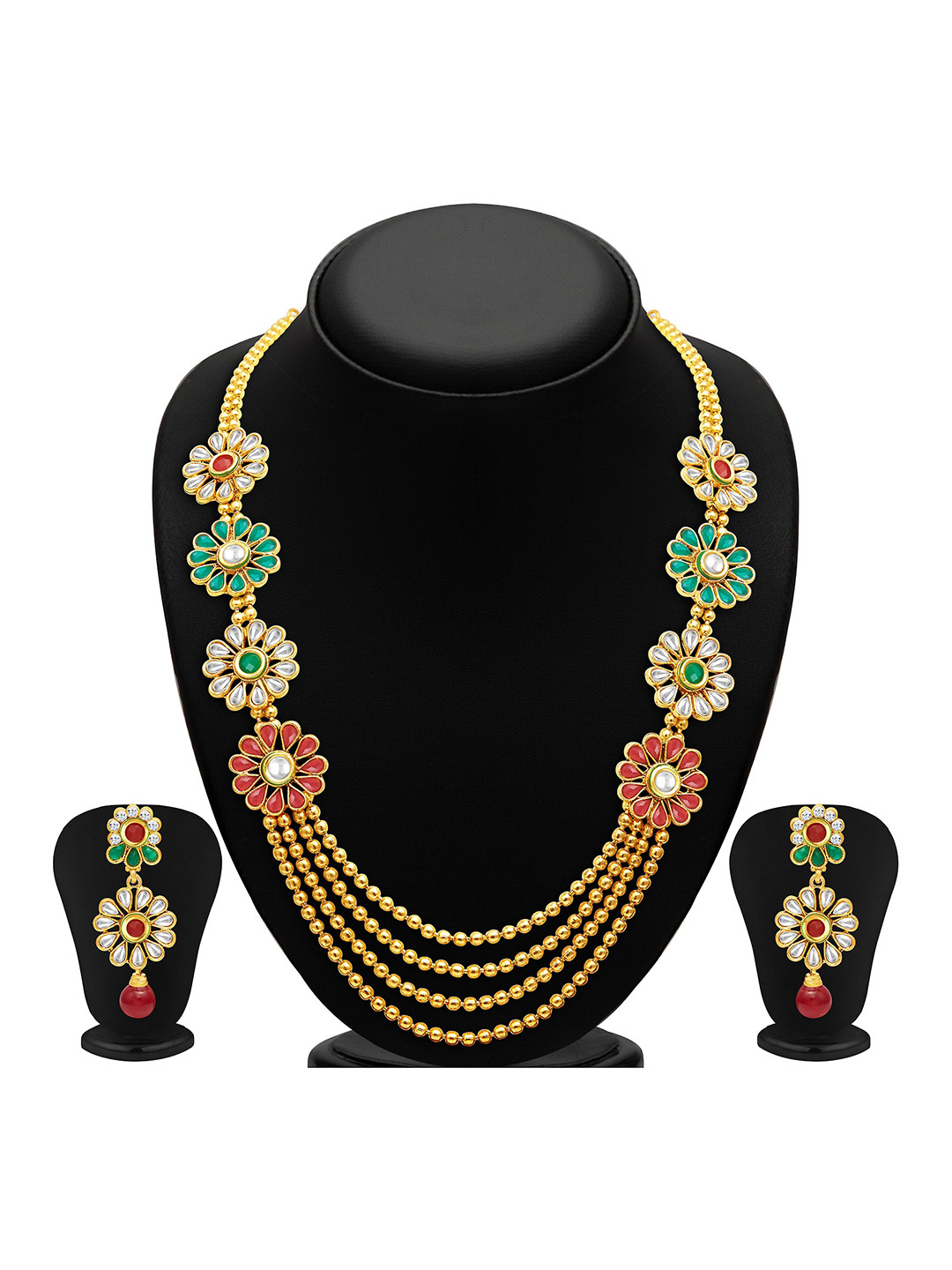 Sukkhi Gold-Plated Stone Studded & Beaded Four Strings Jewellery Set