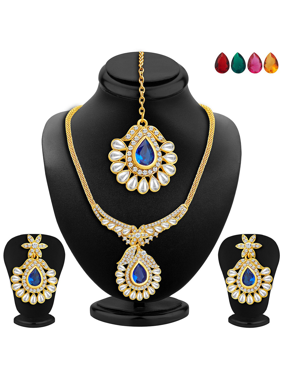 Sukkhi Gold-Plated Changeable Stone & Beaded Necklace & Earrings Set With Maang Tika
