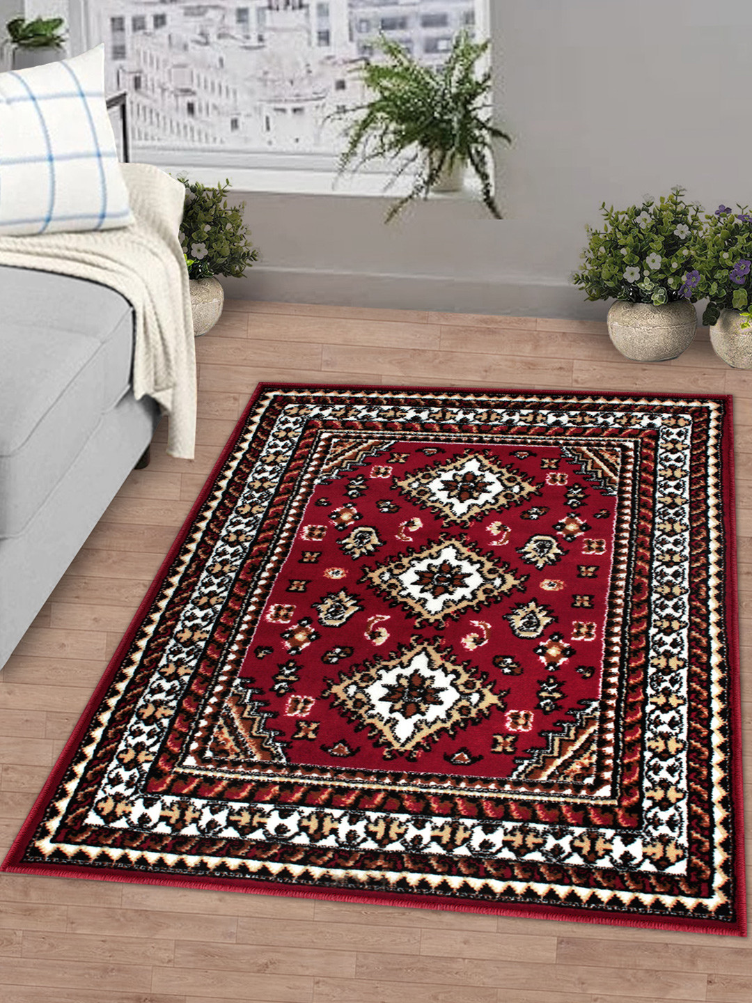 Story@home Red & White Ethnic Motif Printed Rectangular Anti-Skid Floor Carpet