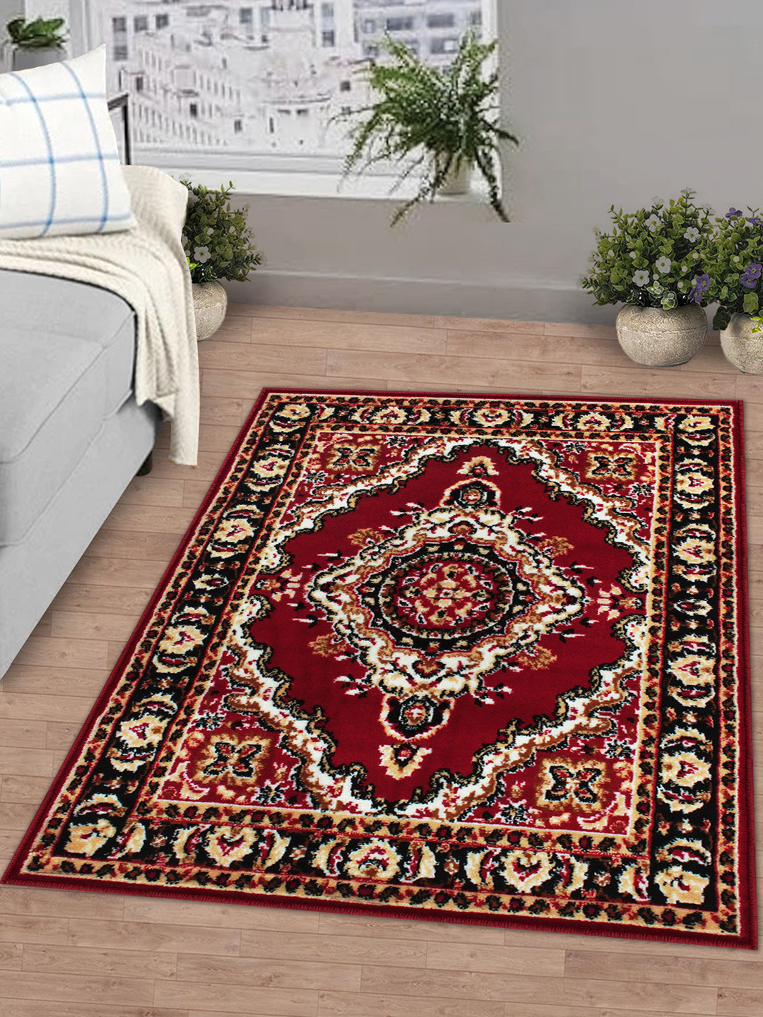 Story@home Red & White Ethnic Motifs Printed Anti-skid Floor Carpet