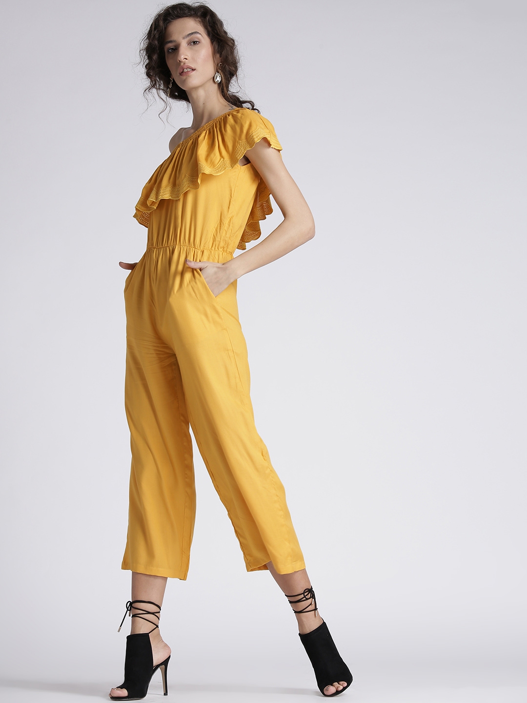 one shoulder yellow jumpsuit