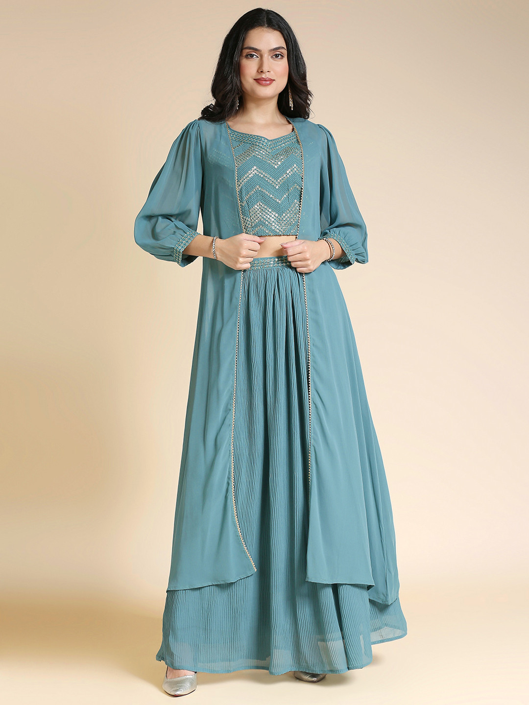 MADHURAM Teal & Gold-Toned Embellished Ready to Wear Lehenga Choli with Jacket