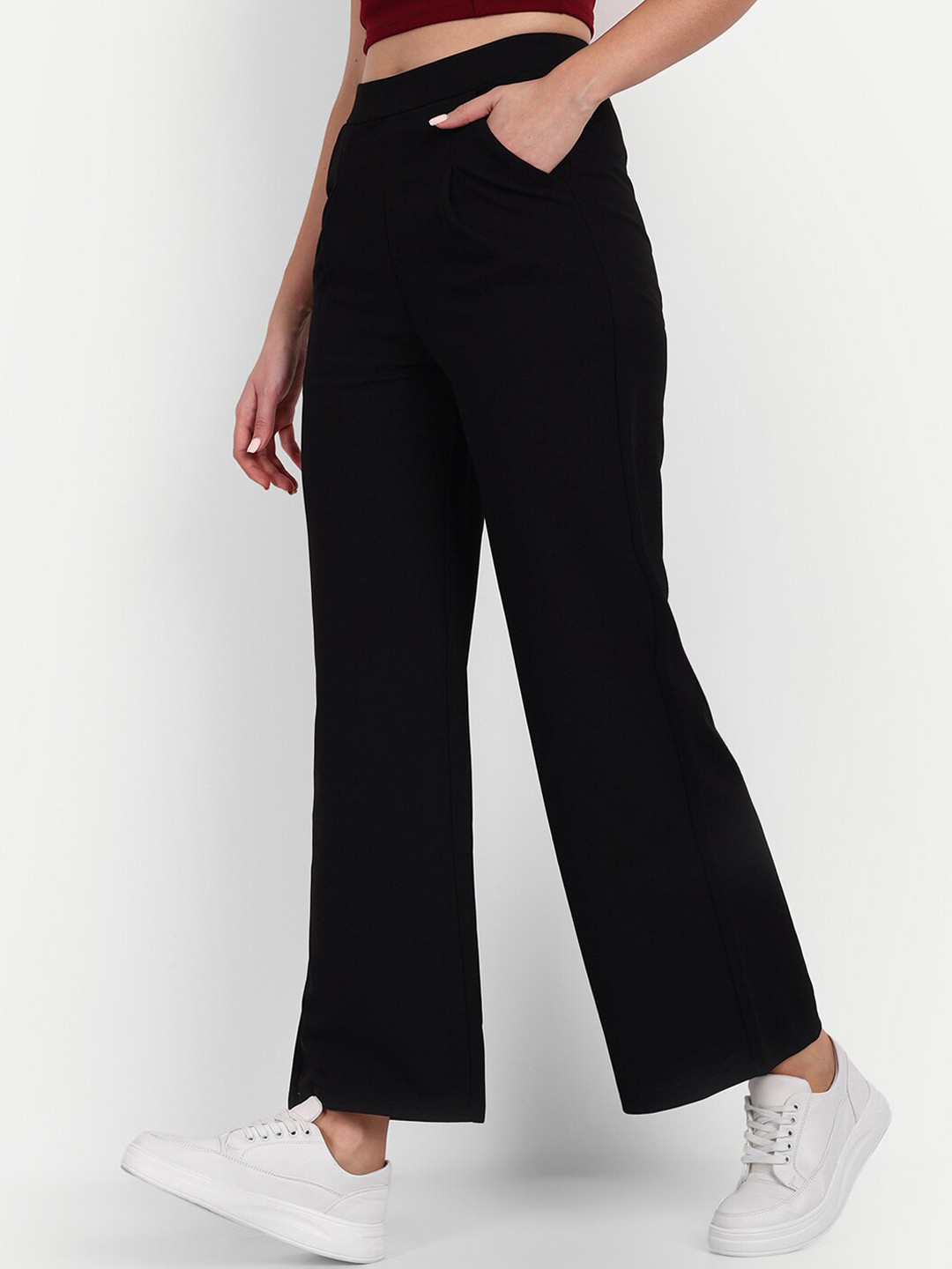 BROADSTAR Women Smart High-Rise Knitted Easy Wash Bootcut Trousers