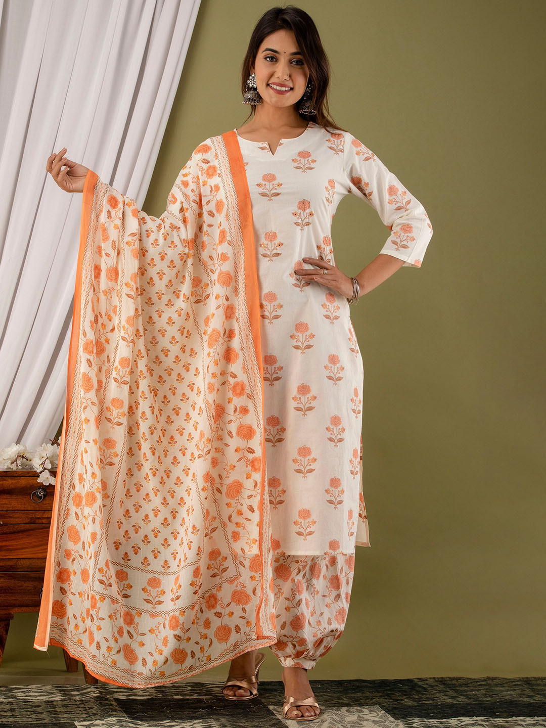 Readiprint Printed Thread & Mirror Work Pure Cotton Kurta with Palazzos & Dupatta
