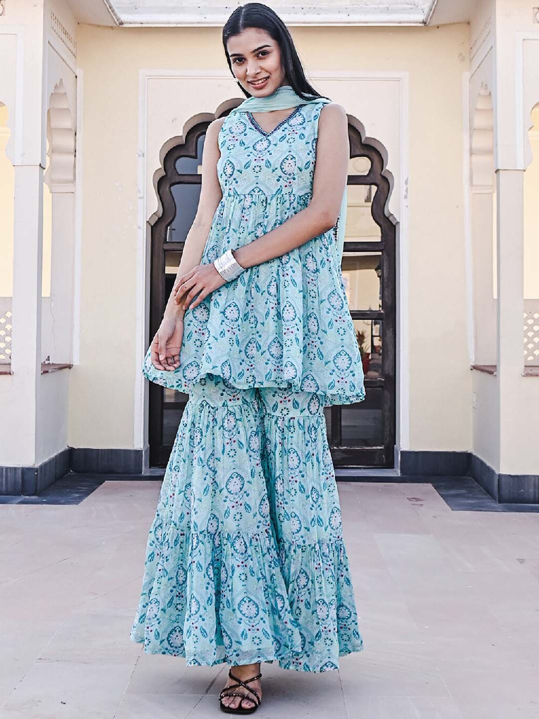 EverBloom Floral Printed A-Line Chanderi Silk Kurti With Sharara & Dupatta