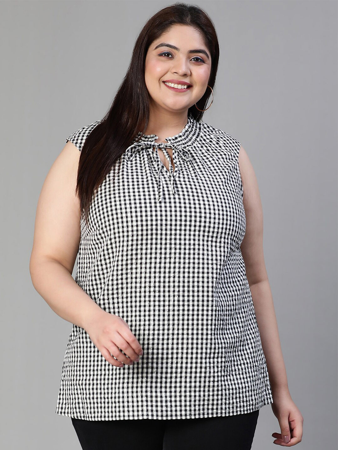 Oxolloxo Plus Size Checked Tie-Up Neck Smocked Pure Cotton Top