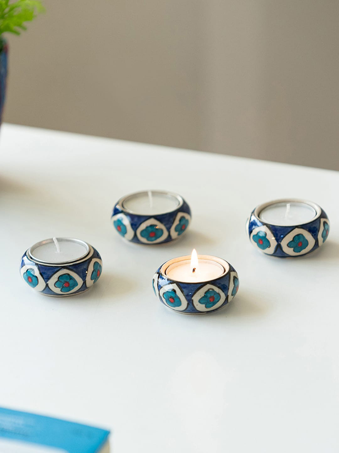 ExclusiveLane Mughal Floral Blue 4 Pieces Printed Tea Light Holder