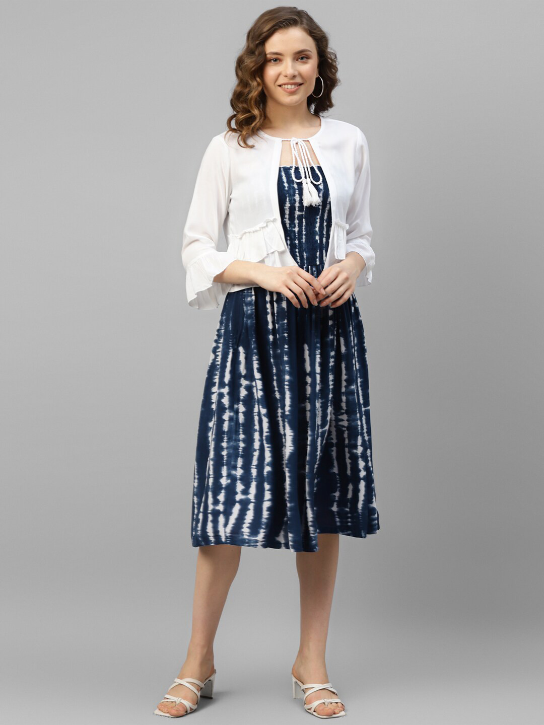DEEBACO Tie and Dye Smocked Fit & Flare Dress With Shrug