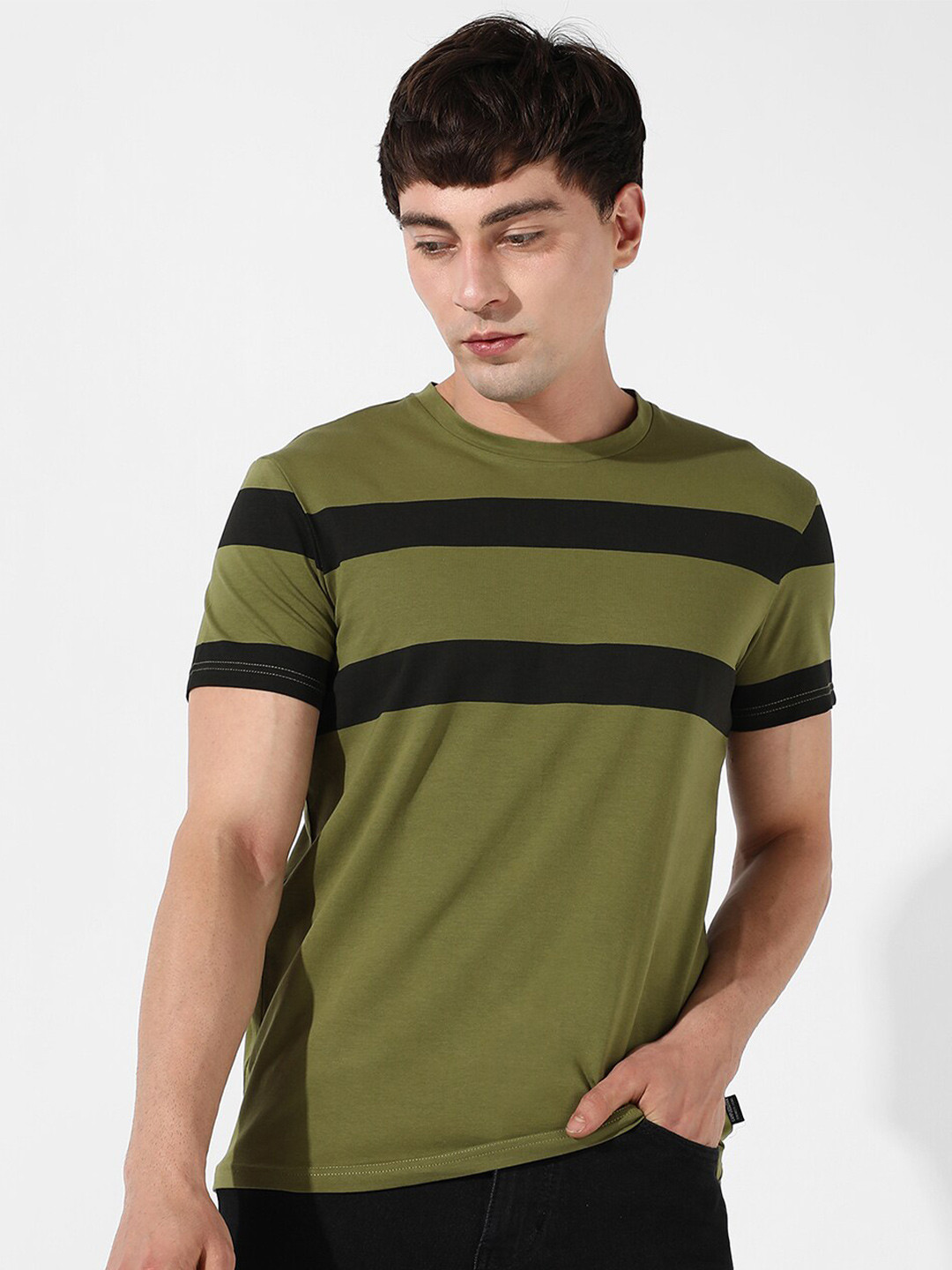 Campus Sutra Olive Green & Black Striped Round Neck Cotton T-shirt