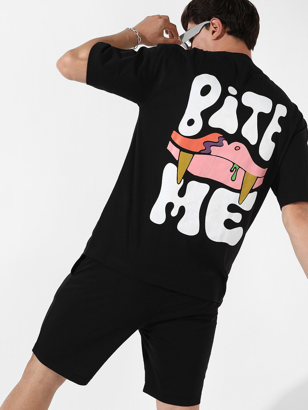 Campus Sutra Men Black & White Printed Round Neck Co-Ord Set