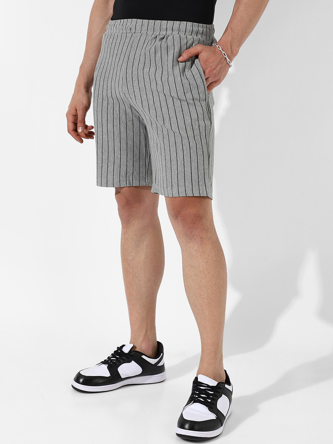 Campus Sutra Men Grey Pinstriped Cotton Sports Shorts