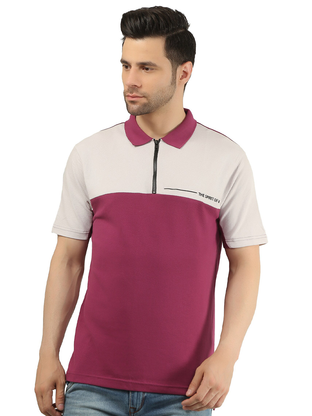 TIM PARIS Colourblocked Polo Collar Cotton T-Shirt