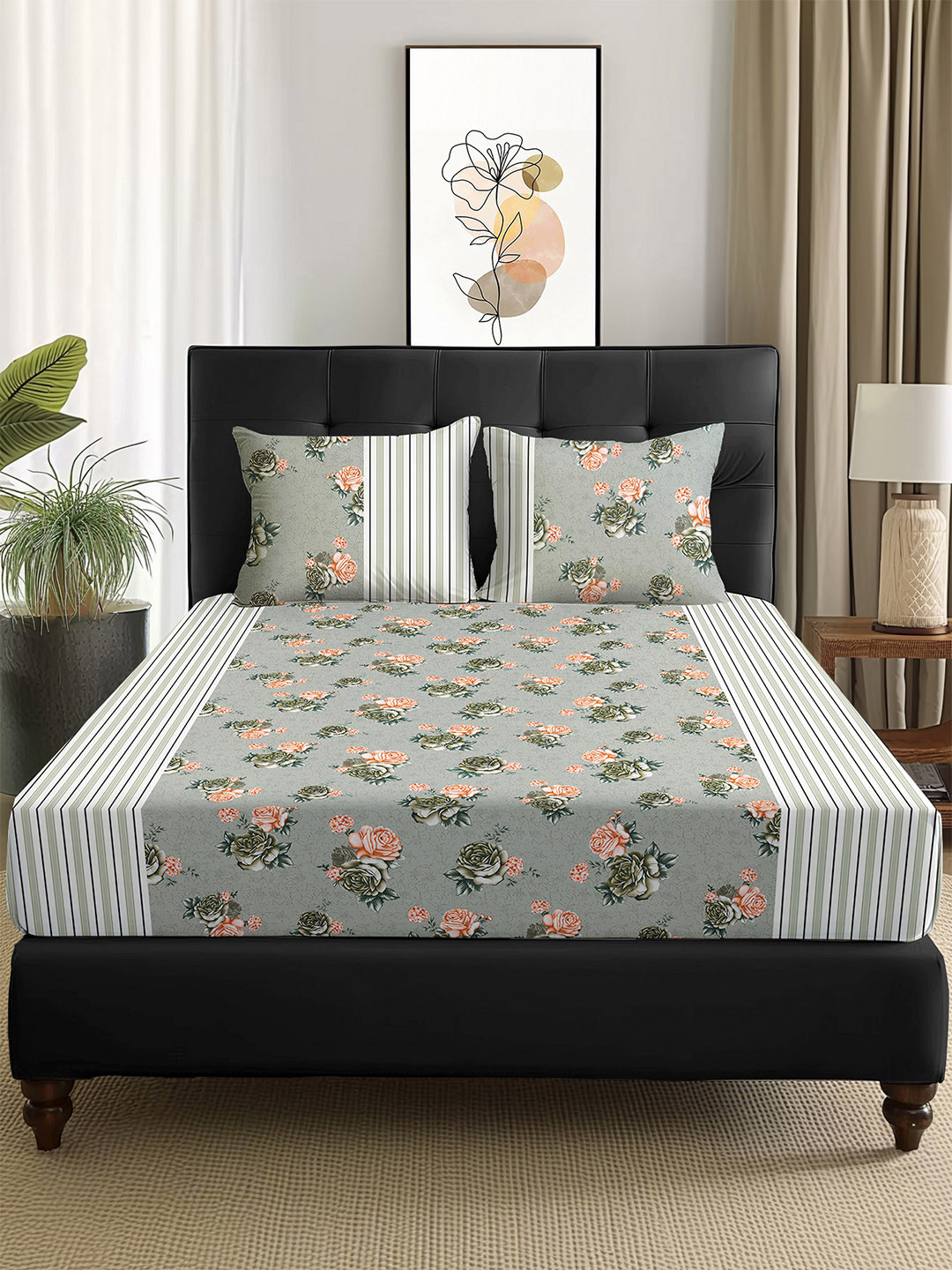 Story@home Arena Grey Floral Polycotton 180 TC Queen Fine Bedsheet with 2 Pillow Covers-89 x 98 inches