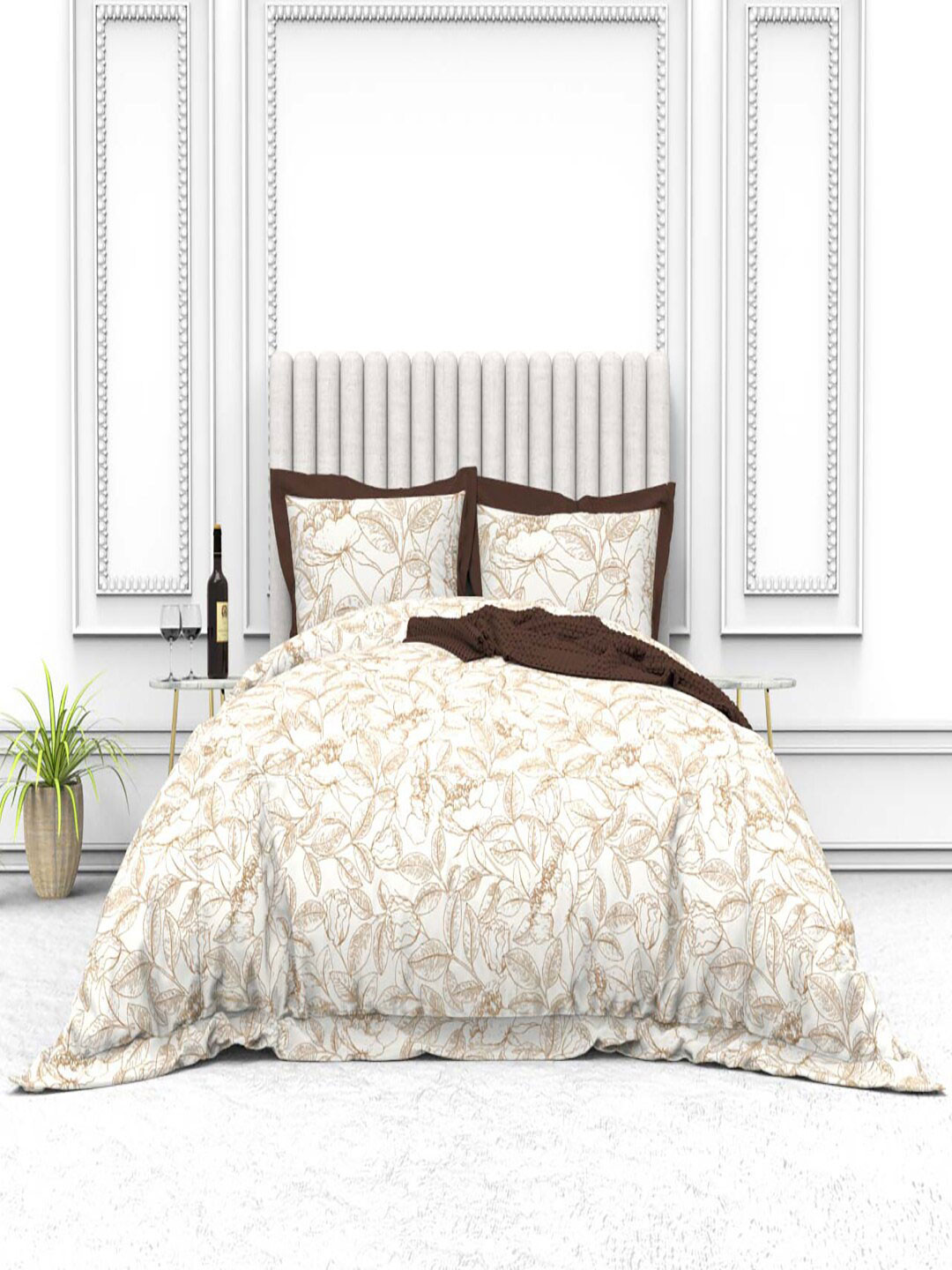 THE WHITE MOSS Cynthia White Floral 250 TC Pure Cotton King Bedsheet With 2 Pillow Covers