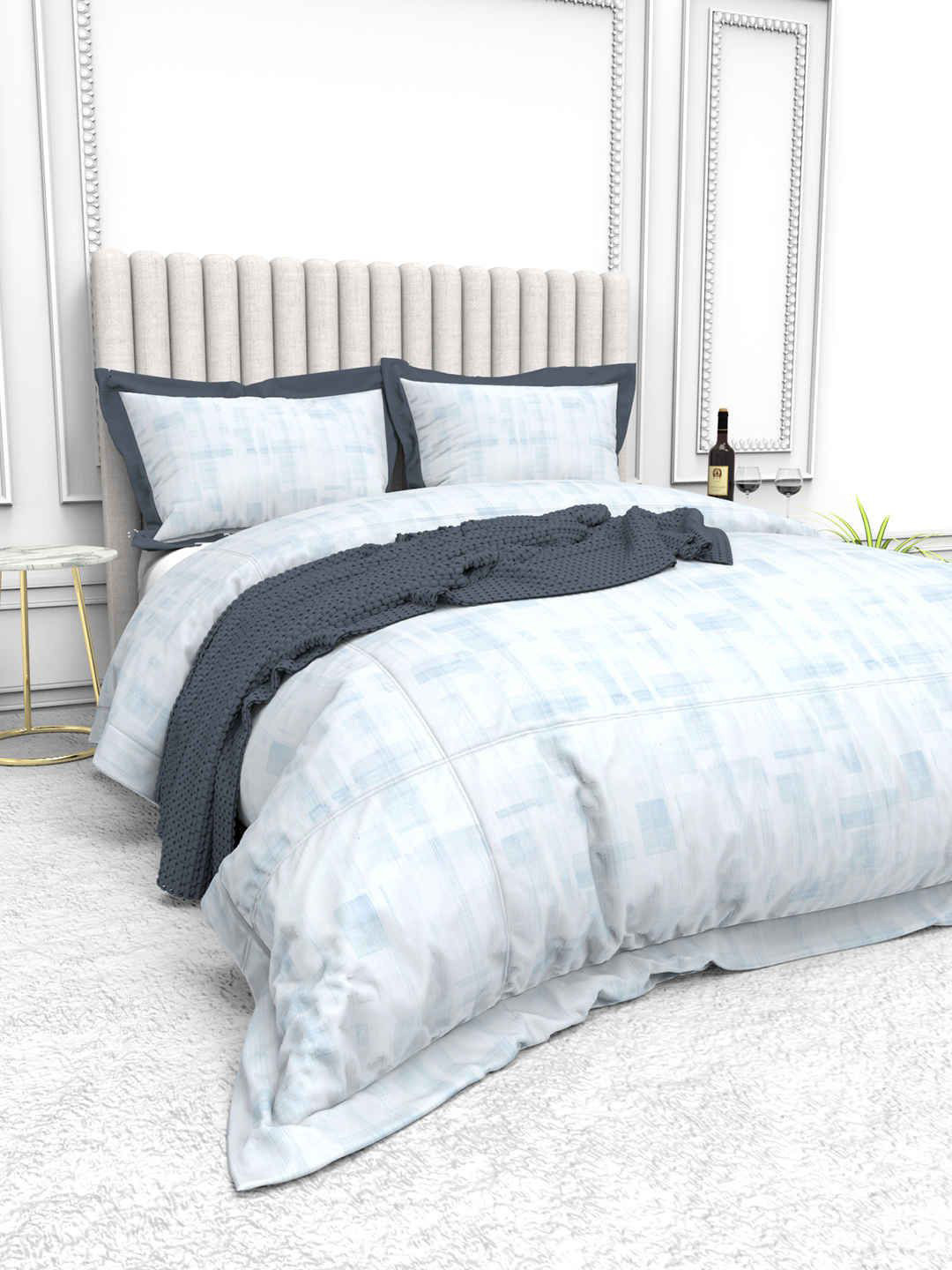 THE WHITE MOSS Cynthia Blue Abstract Pure Cotton 250 TC King Fine Bedsheet with 2 Pillow Covers-100 x 108 inches