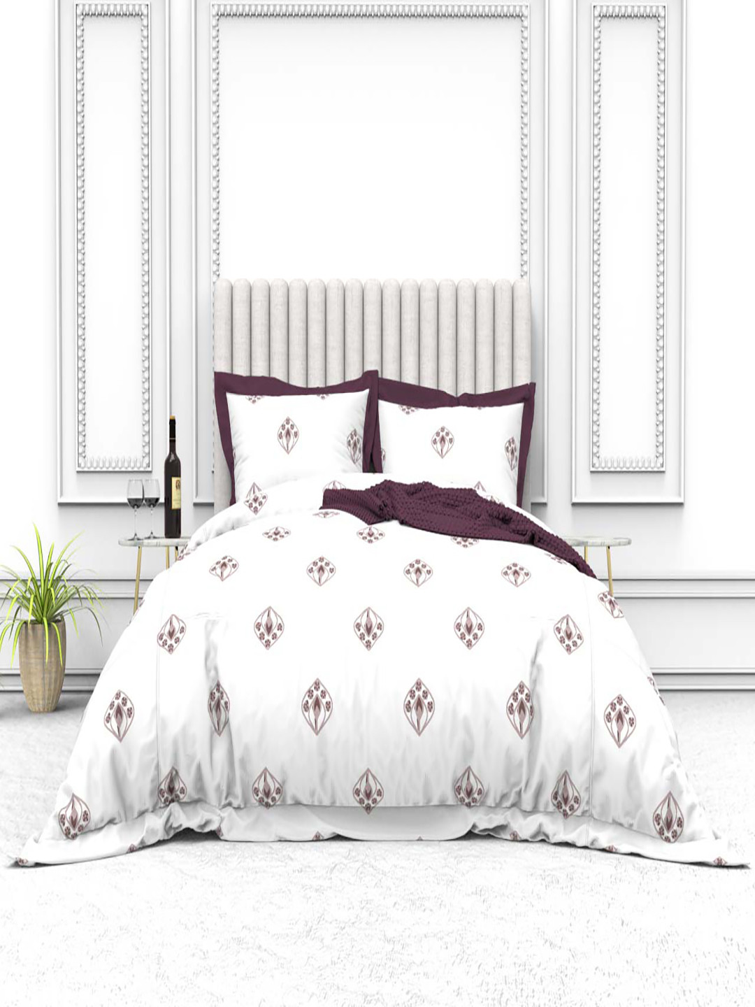 THE WHITE MOSS Cynthia White Ethnic Motifs Pure Cotton 250 TC King Fine Bedsheet with 2 Pillow Covers-100 x 108 inches