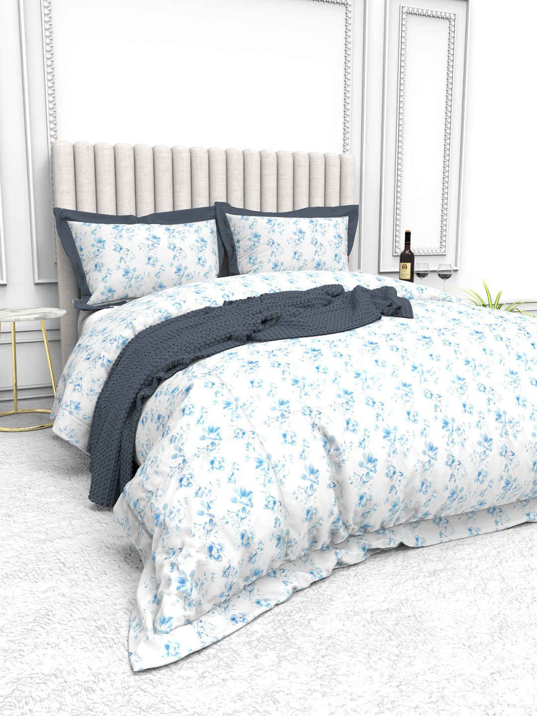 THE WHITE MOSS White Floral Pure Cotton 250 TC King Fine Bedsheet with 2 Pillow Covers-255 x 275 cm