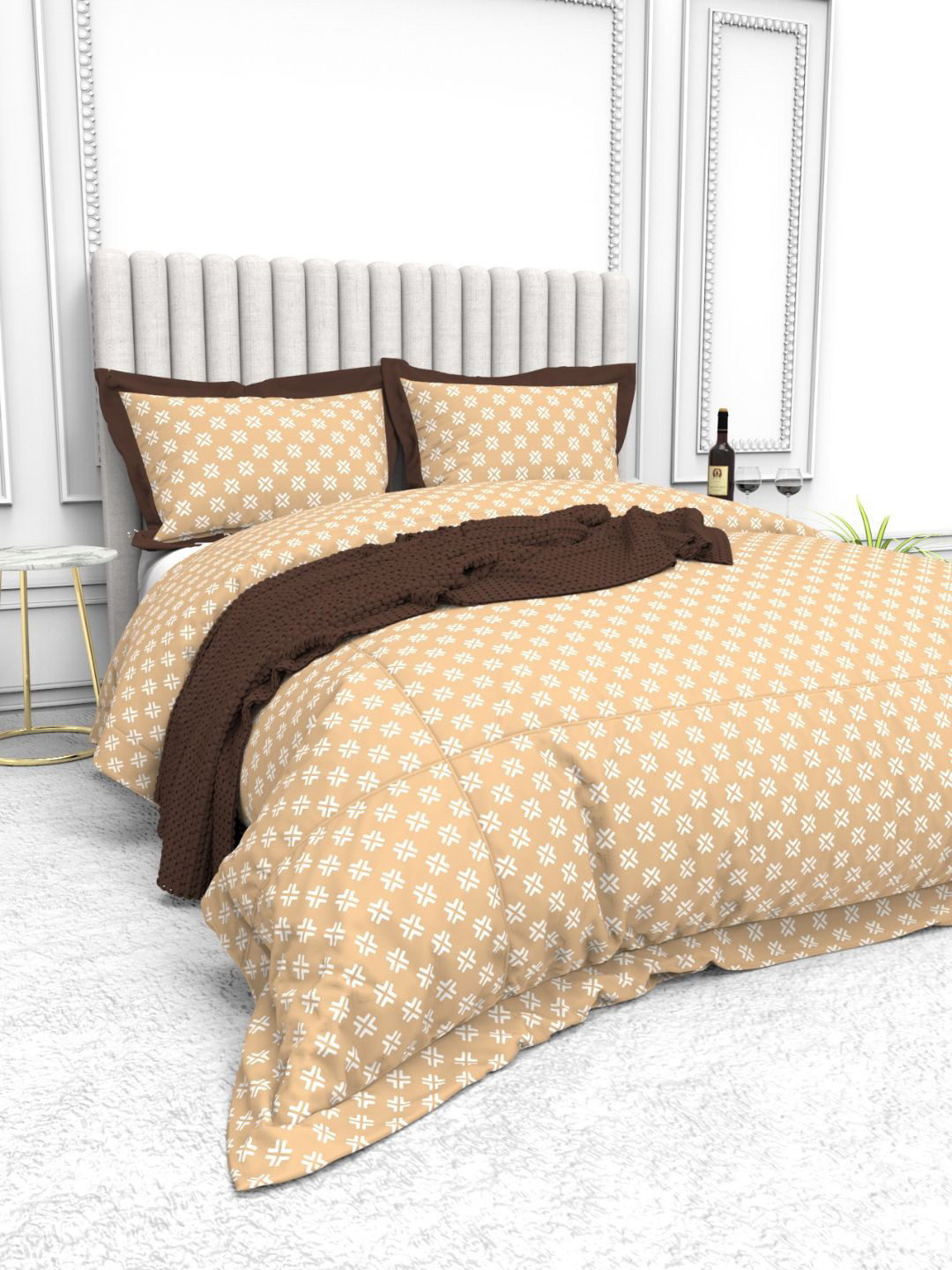 THE WHITE MOSS Tuscan Summer Cynthia Brown Geometric Pure Cotton 250 TC King Fine Bedsheet with 2 Pillow Covers-100 x 108 inches