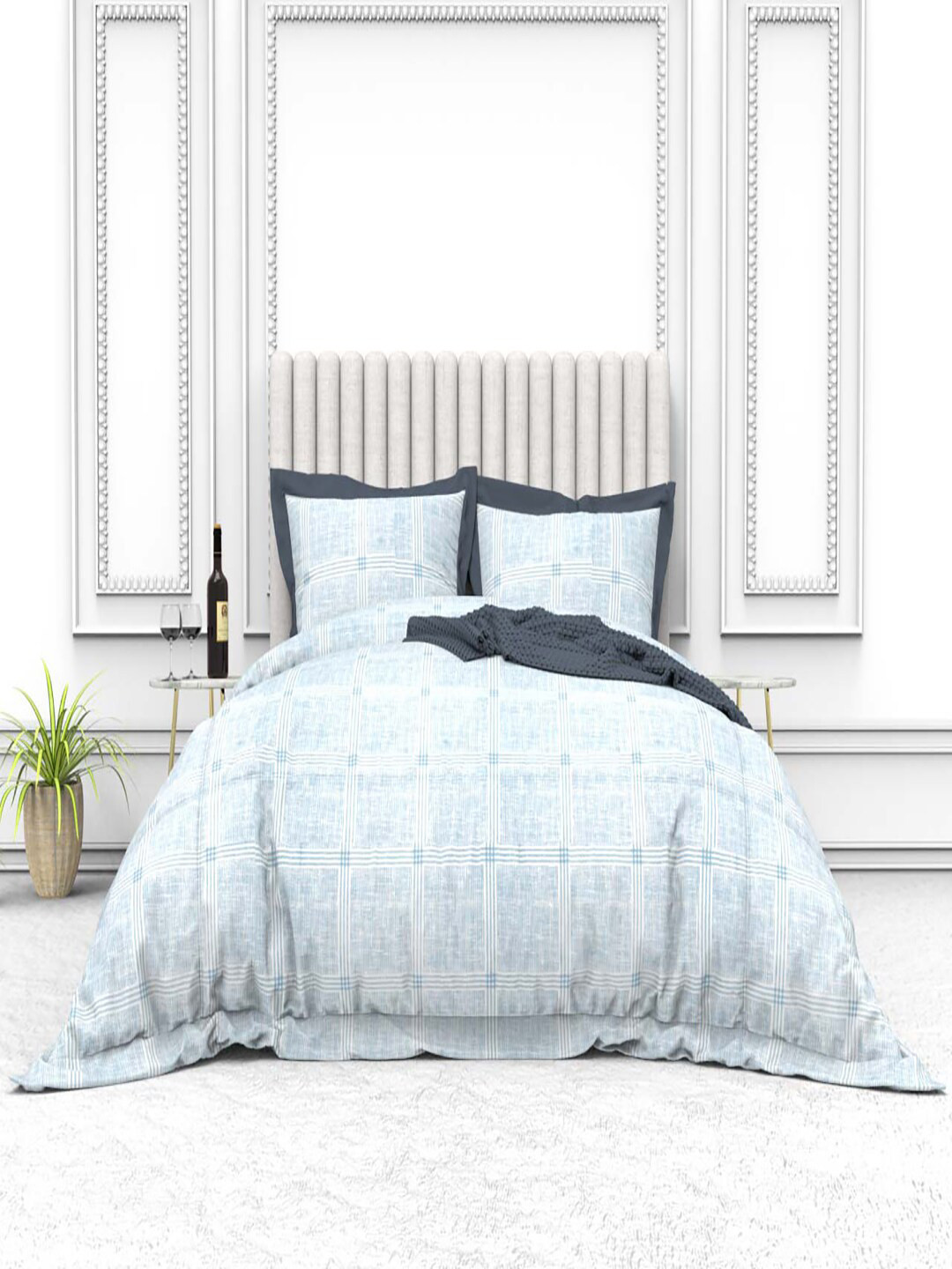 THE WHITE MOSS Cynthia Blue Geometric Cotton 250 TC King Fine Bedsheet with 2 Pillow Covers-100 x 108 inches