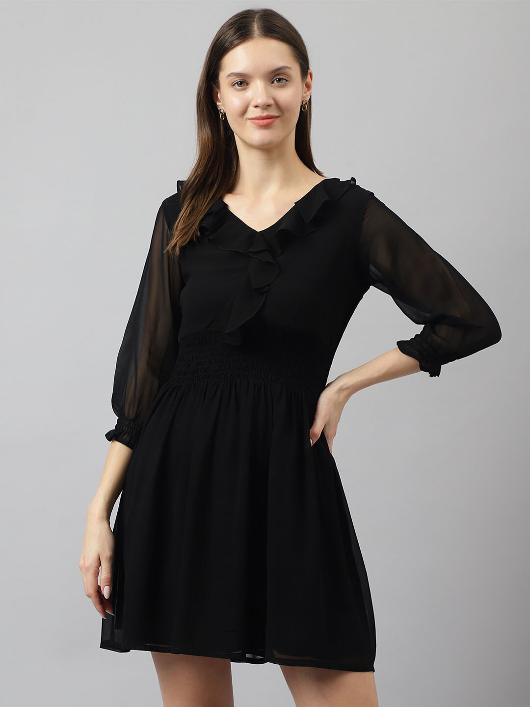 KERI PERRY Black Puff Sleeve Georgette Fit & Flare Dress