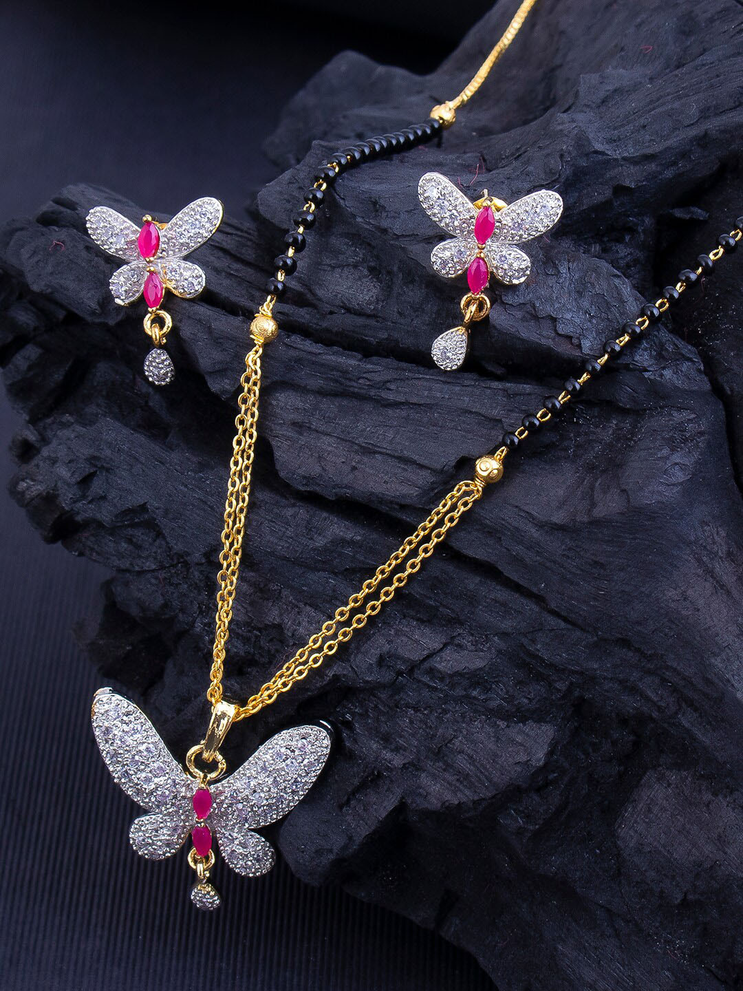 Sukkhi Gold-Plated Stone-Studded & Beaded Butterfly Pendant Mangalsutra With Earrings