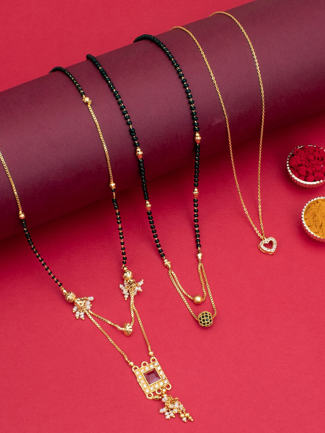 Sukkhi Set of 3 Gold-Plated Stone-Studded and Beaded Mangalsutras With a Chain & Pendant