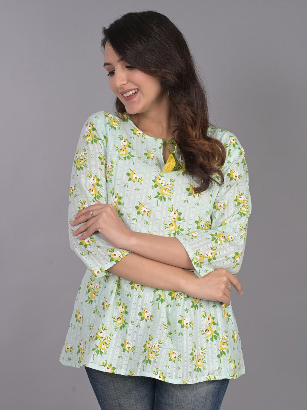 Do Dhaage Floral Printed Tie-Up Neck A-Line Cotton Top