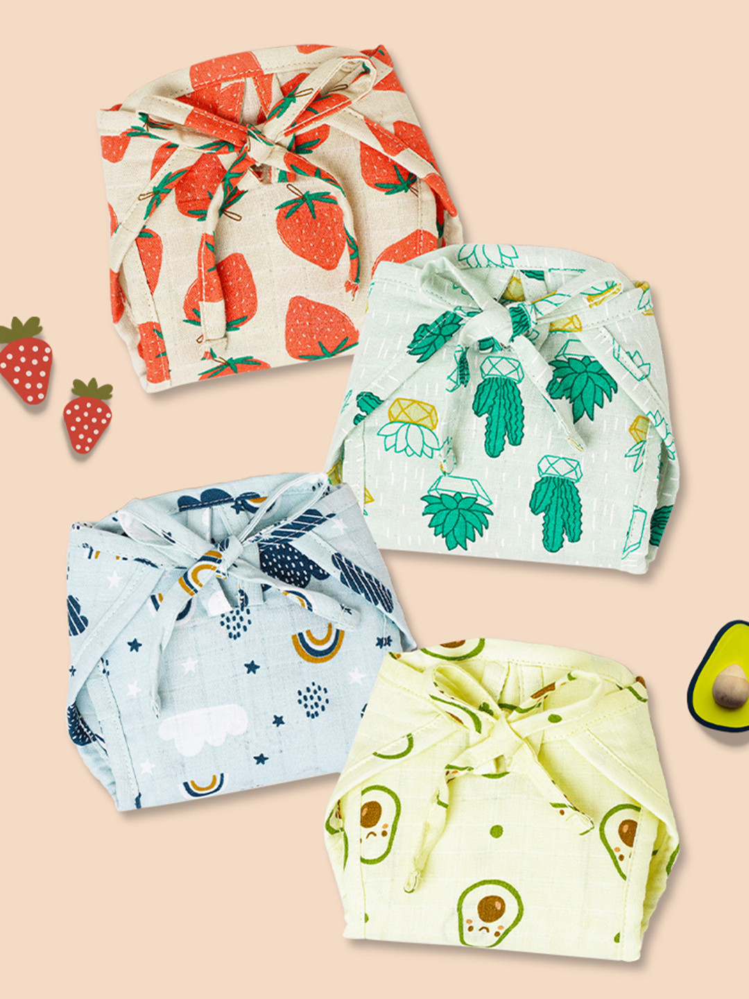 The Boo Boo Club Pack of 4 Printed Sustainable Organic Cotton Muslin Nappy