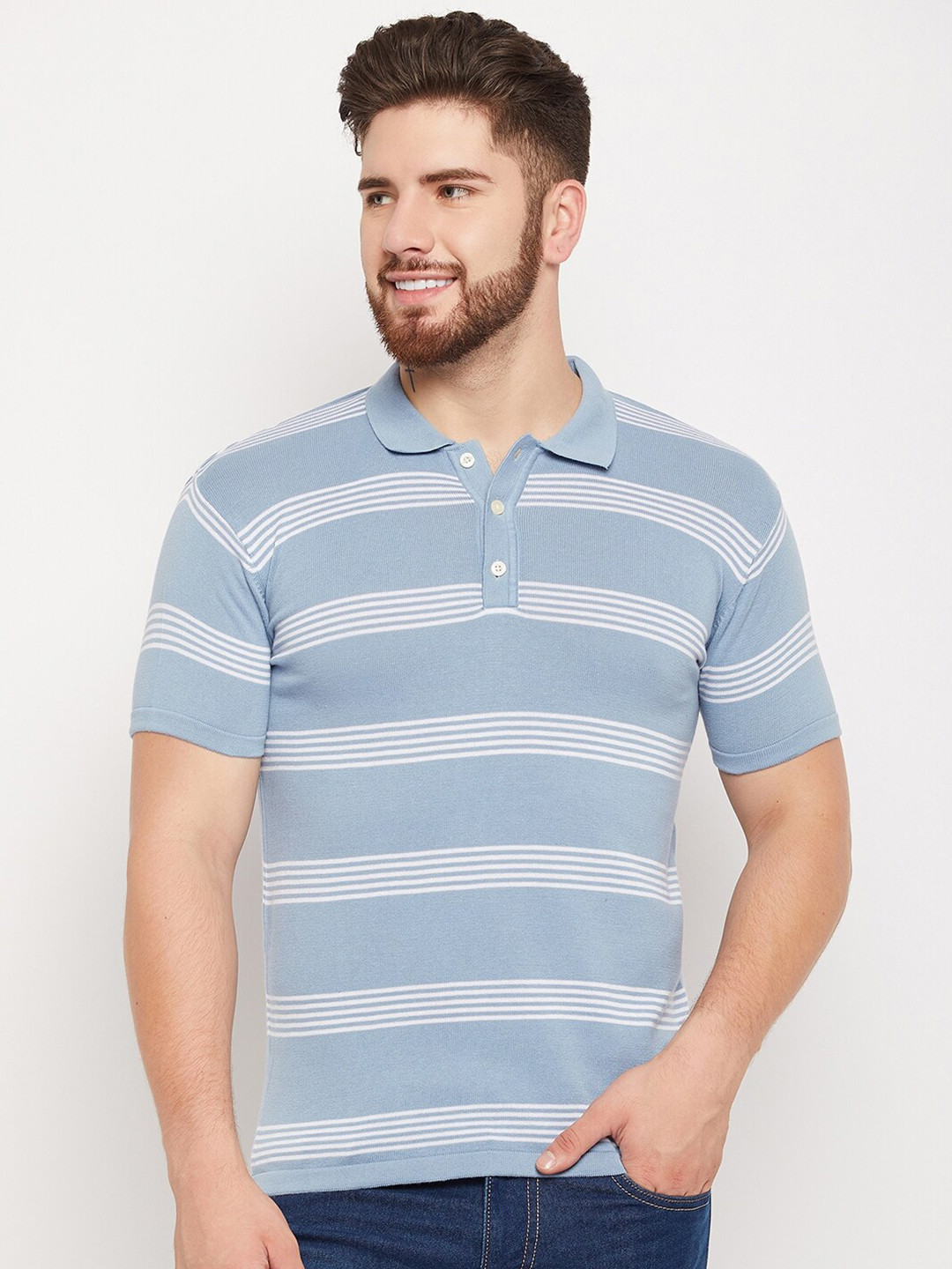 Cantabil Horizontal Striped Polo Collar Pure Cotton T-shirt
