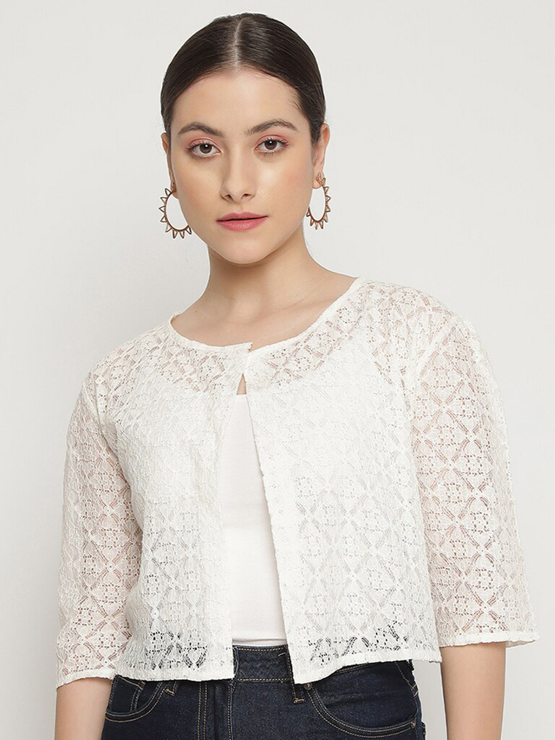 UnaOne Women Self Design Lace Open Front Pure Cotton Crop Shrug