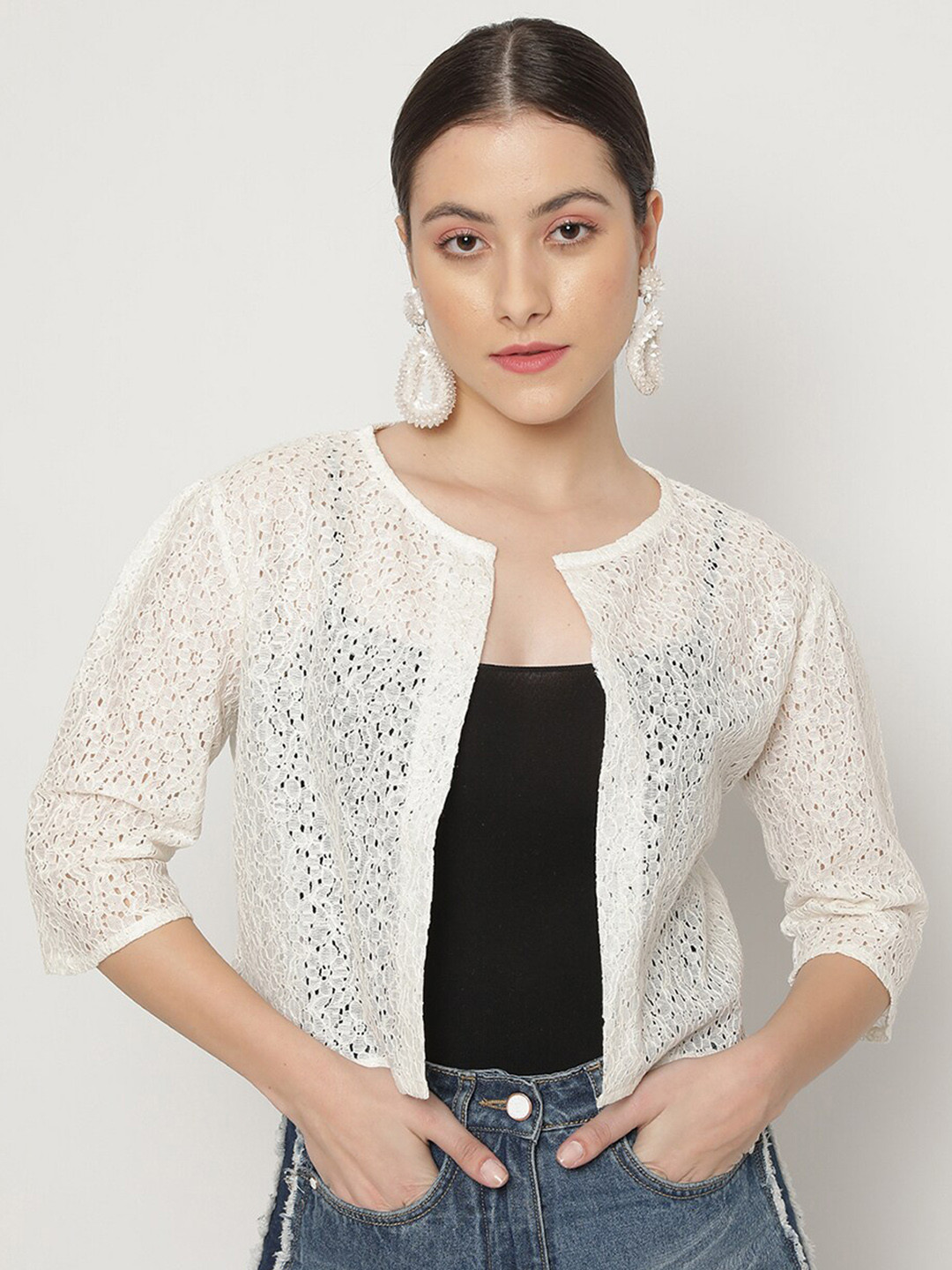 UnaOne Women Self Design Lace Open Front Pure Cotton Crop Shrug
