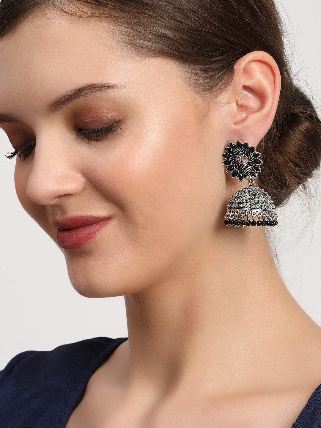 Anouk Black Gold-Plated Peacock Shaped Jhumkas