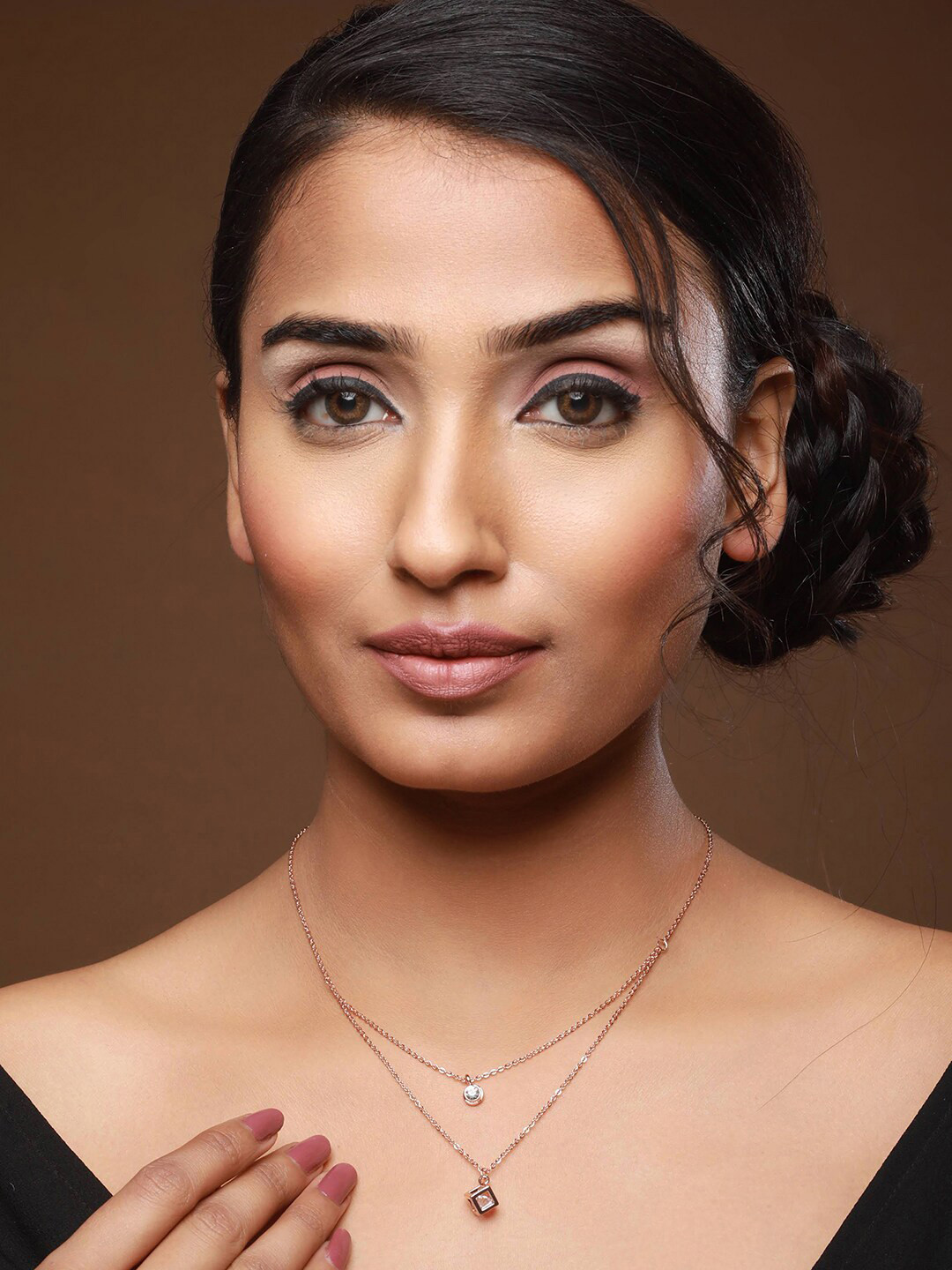 DressBerry Rose Gold-Plated Square Shaped CZ Studded Layered Necklace