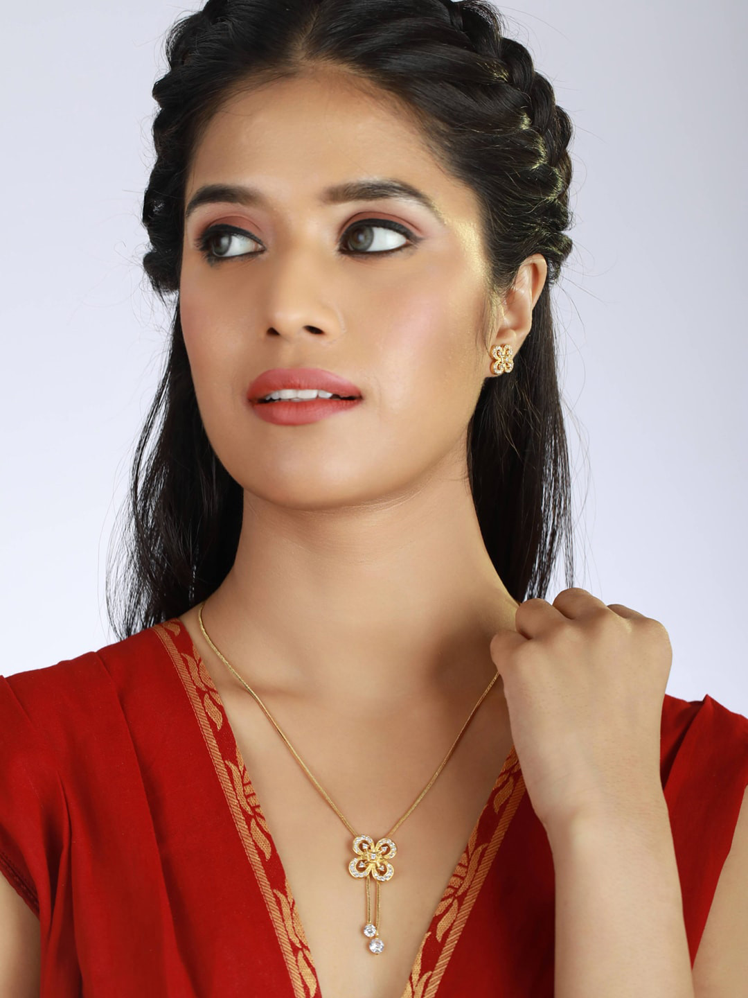 DressBerry Gold-Plated & White AD Stone-Studded Adjustable Necklace & Earrings