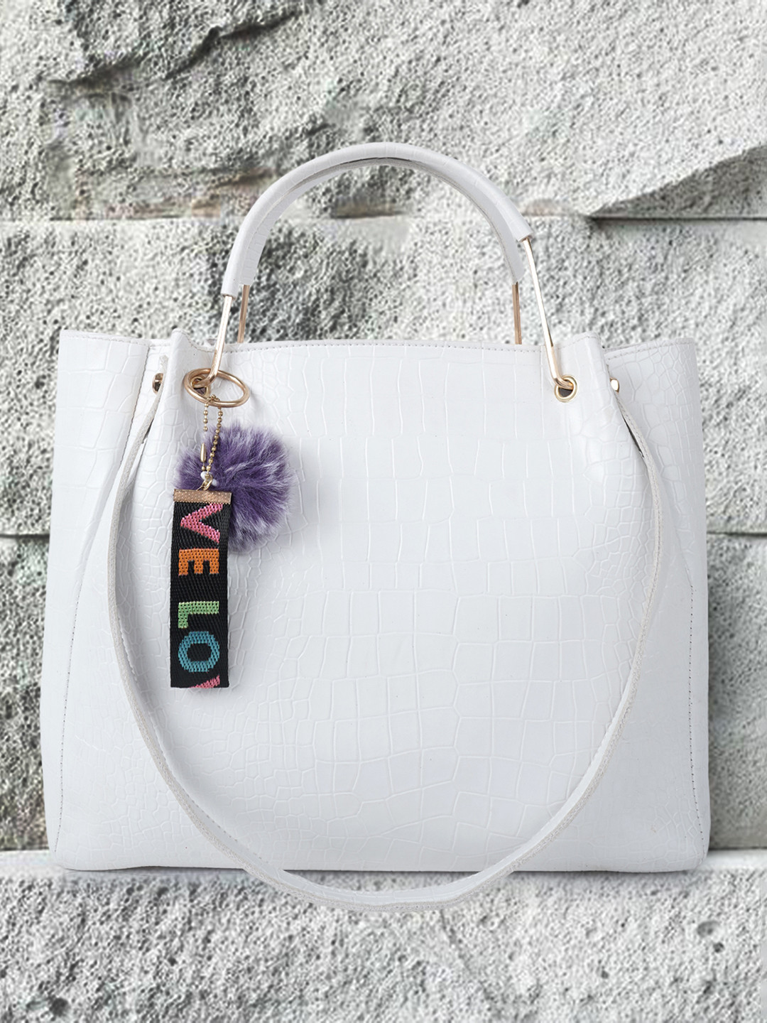 DressBerry White Textured Handheld Bag With Tasselled