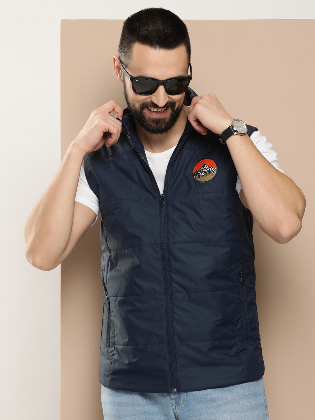 HERE&NOW Solid Puffer Jacket with Patchwork
