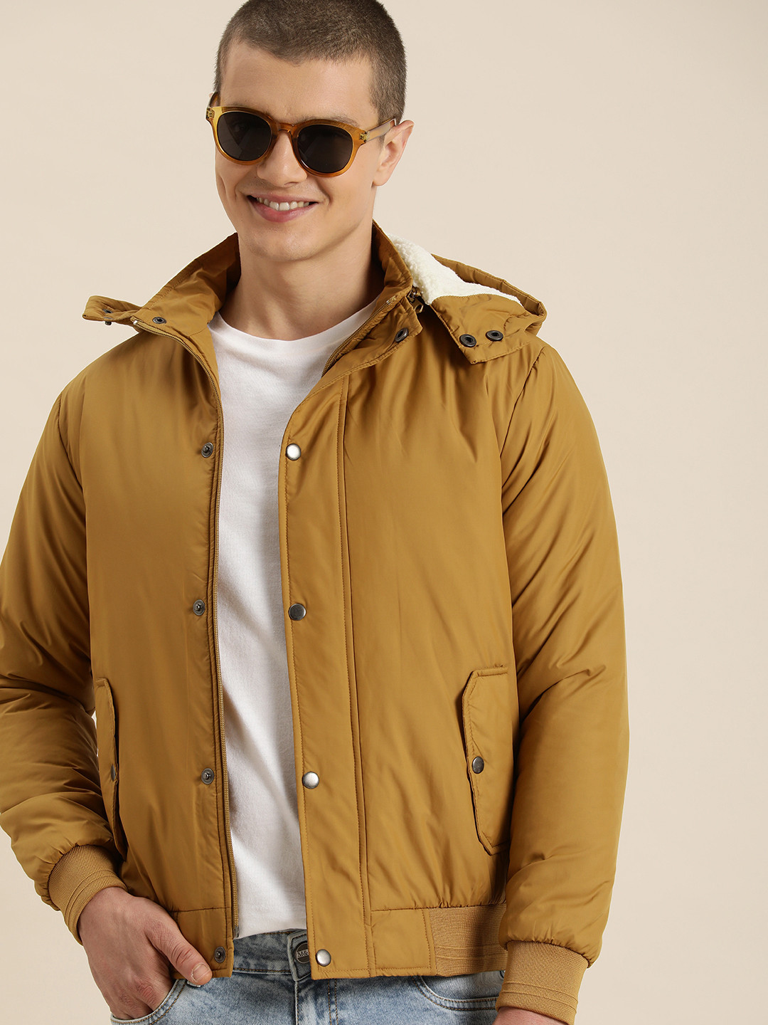HERE&NOW Woven Solid Faux Fur Trim Detachable Hooded Puffer Jacket