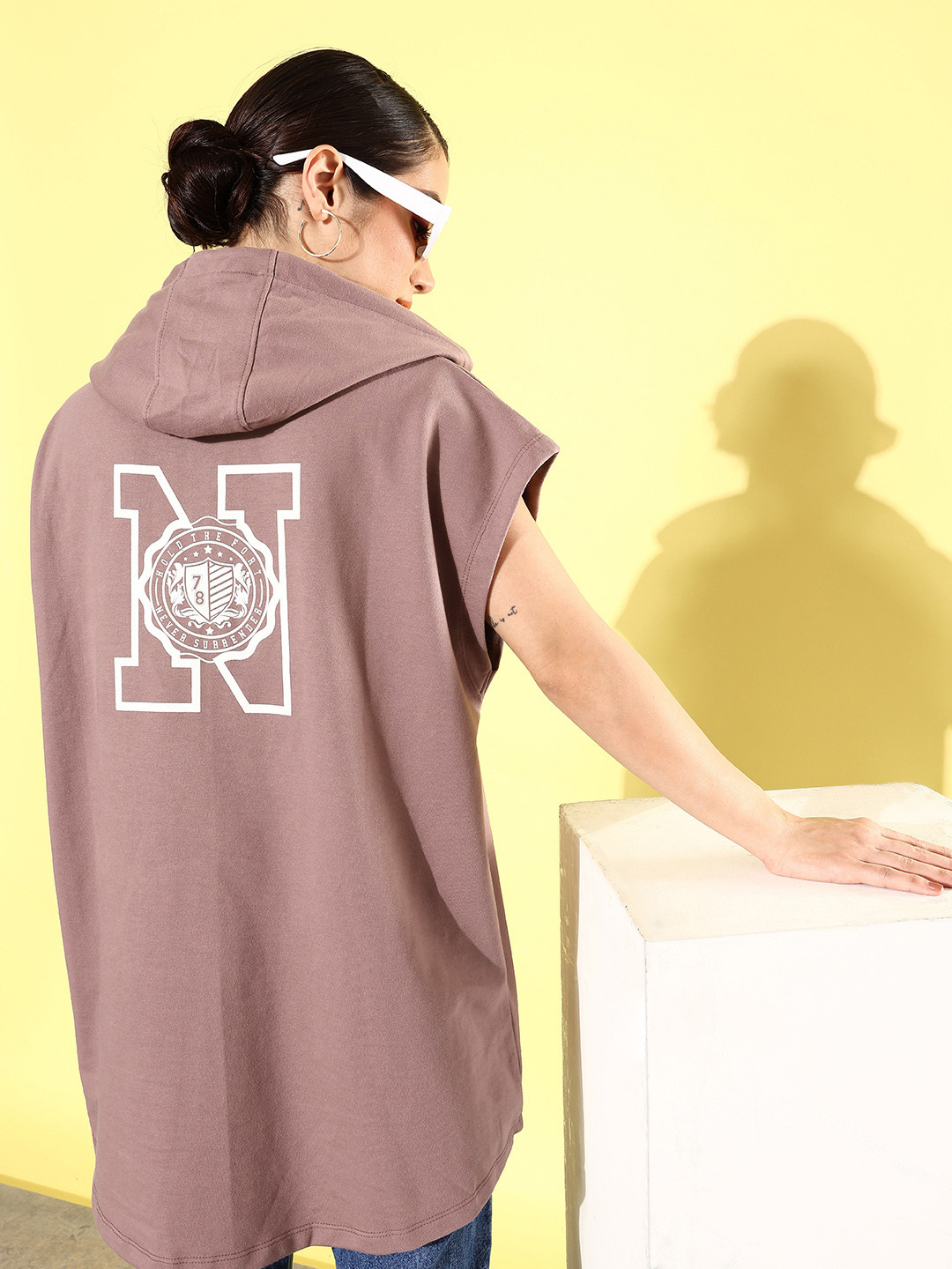 The Roadster Life Co. Calm Mauve Boxy Hello Monsoon-Anti Fits Oversized Hooded Sweatshirt