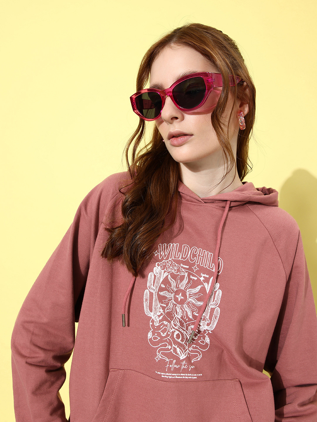 The Roadster Life Co. Salmon Pink Graphic Printed Oversized Hooded Sweatshirt