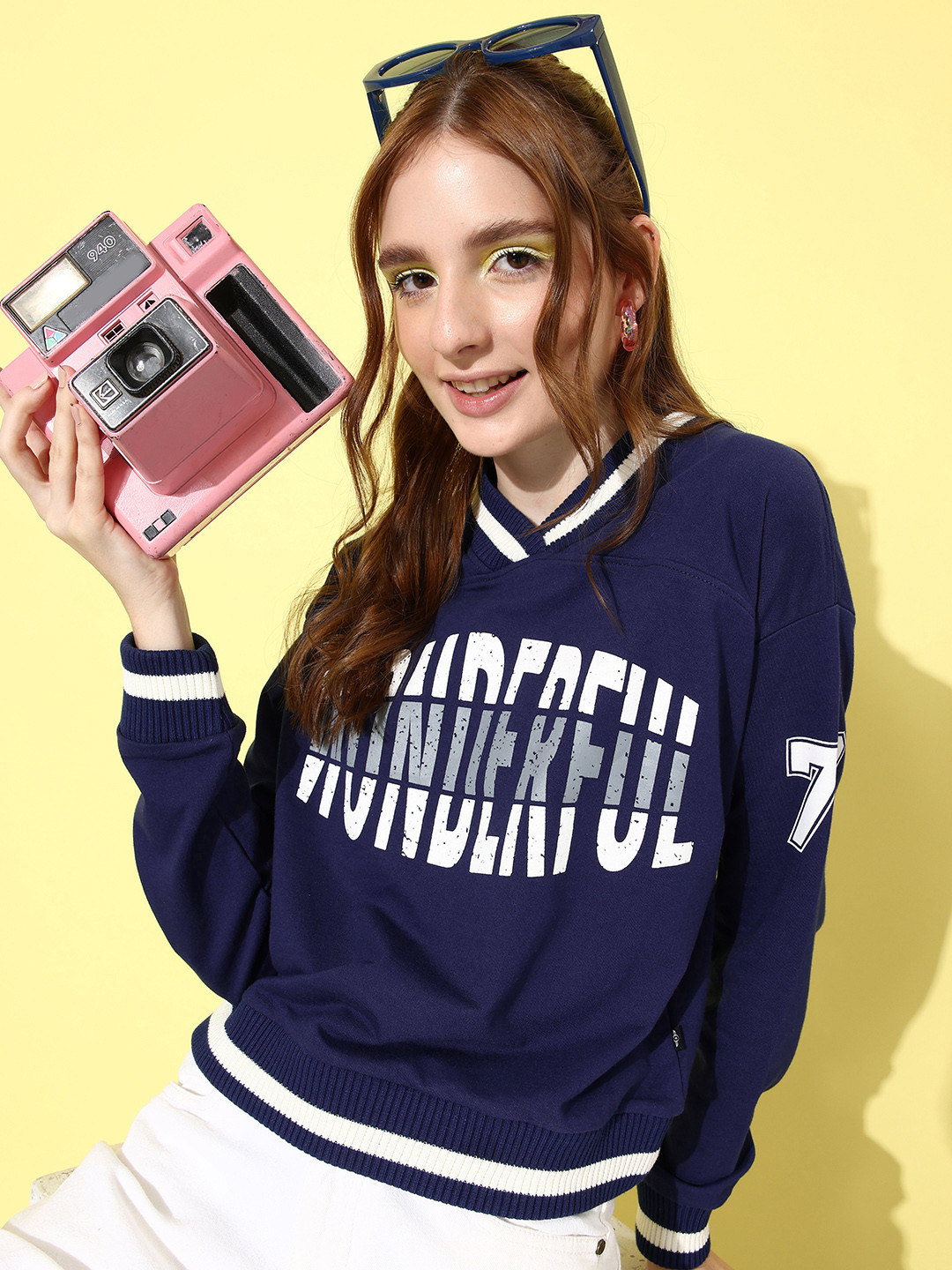 The Roadster Life Co. Navy Blue Very Varsity Graphic Printed Sweatshirt