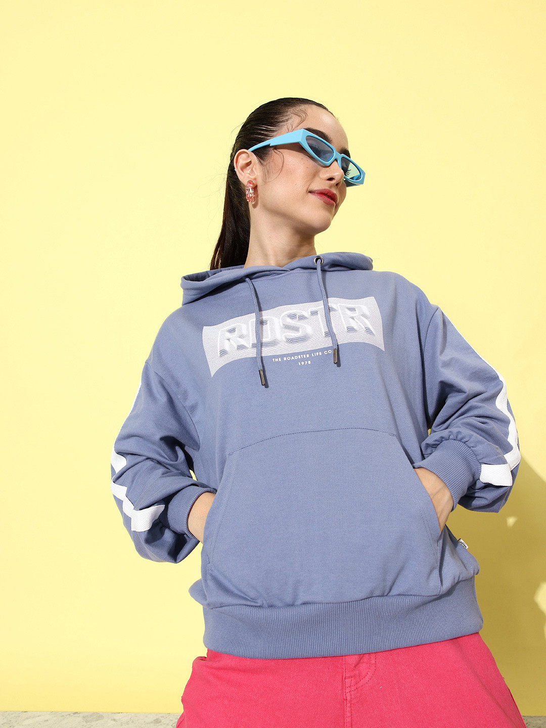 The Roadster Life Co. Sky Blue Graphic Printed Oversized Hooded Sweatshirt