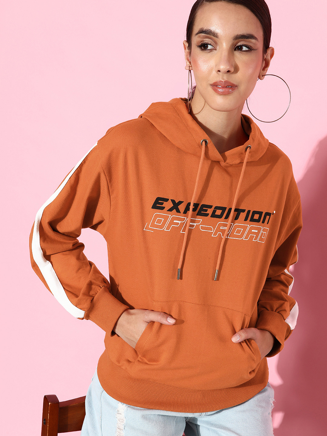 The Roadster Life Co. Rust Orange Printed Hooded Pullover Hyper Graphics Sweatshirt