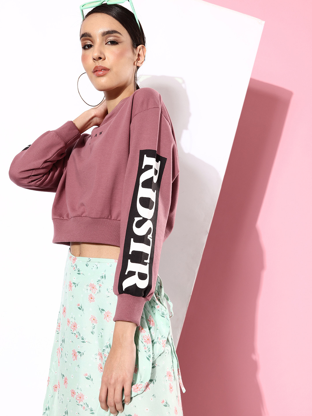 The Roadster Life Co. Dusty Rose Printed Hello Monsoon Hyper Graphics Crop Sweatshirt