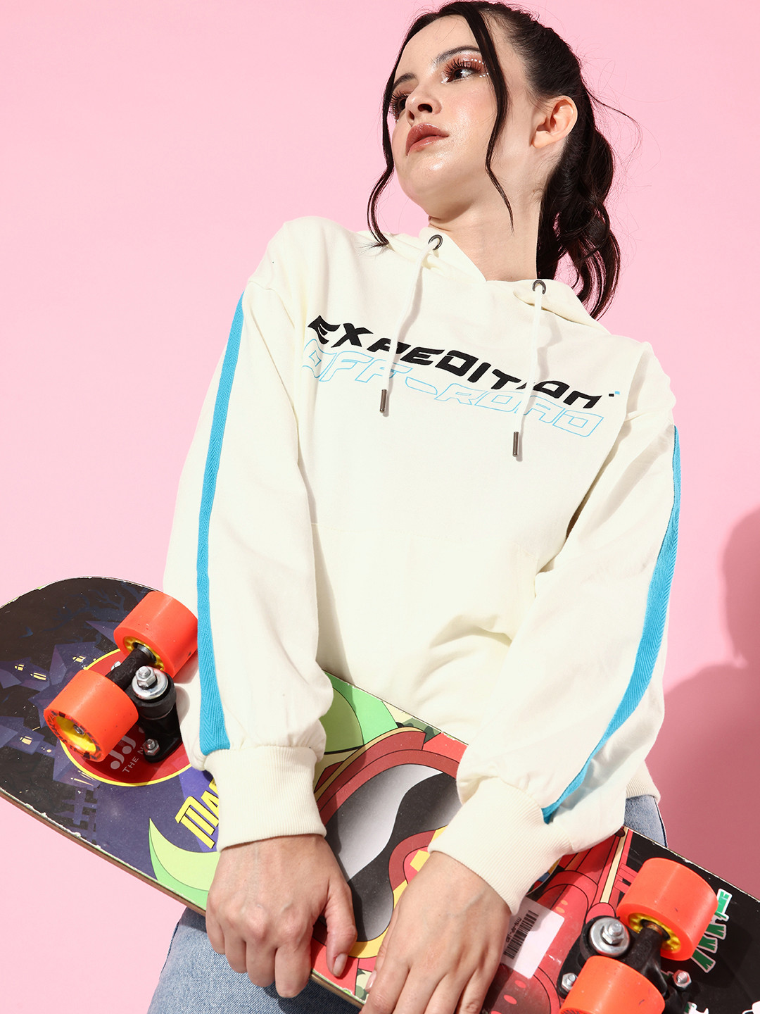 The Roadster Life Co. Subtle Cream Printed Hooded Pullover Hyper Graphics Sweatshirt