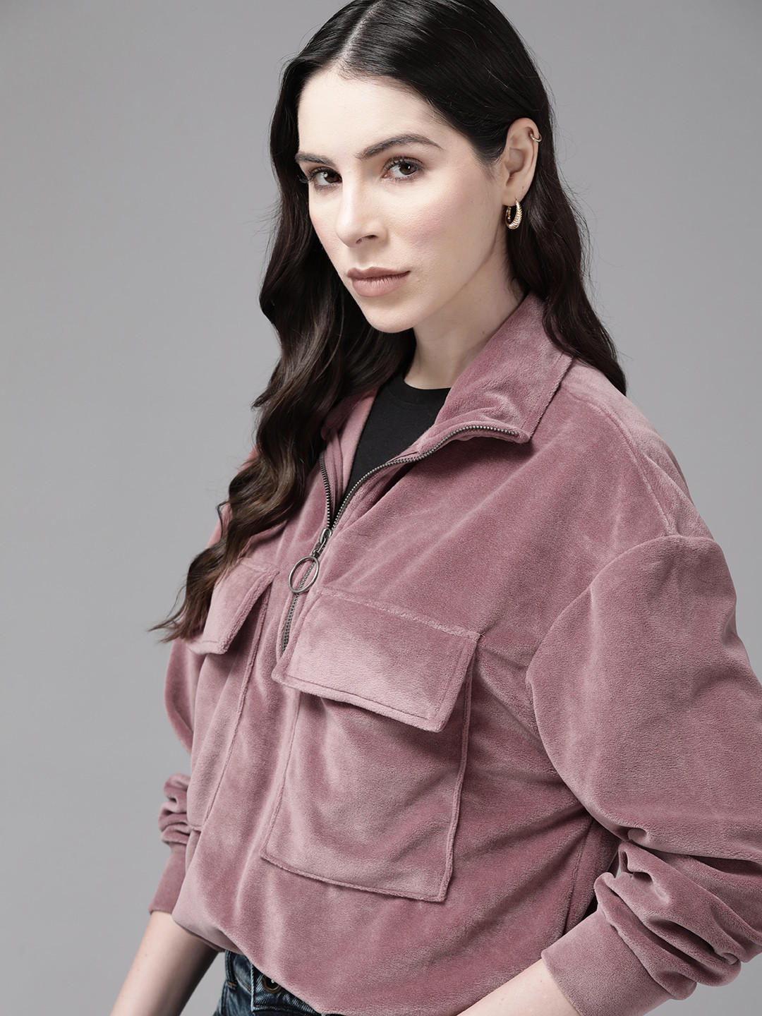 The Roadster Lifestyle Co. Velvet Finish Oversized Utility Pocket Sweatshirt