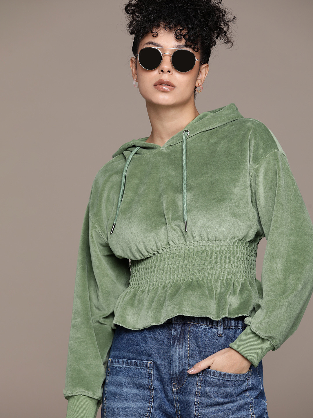 The Roadster Lifestyle Co. Velvet Finish Smocked Hooded Sweatshirt