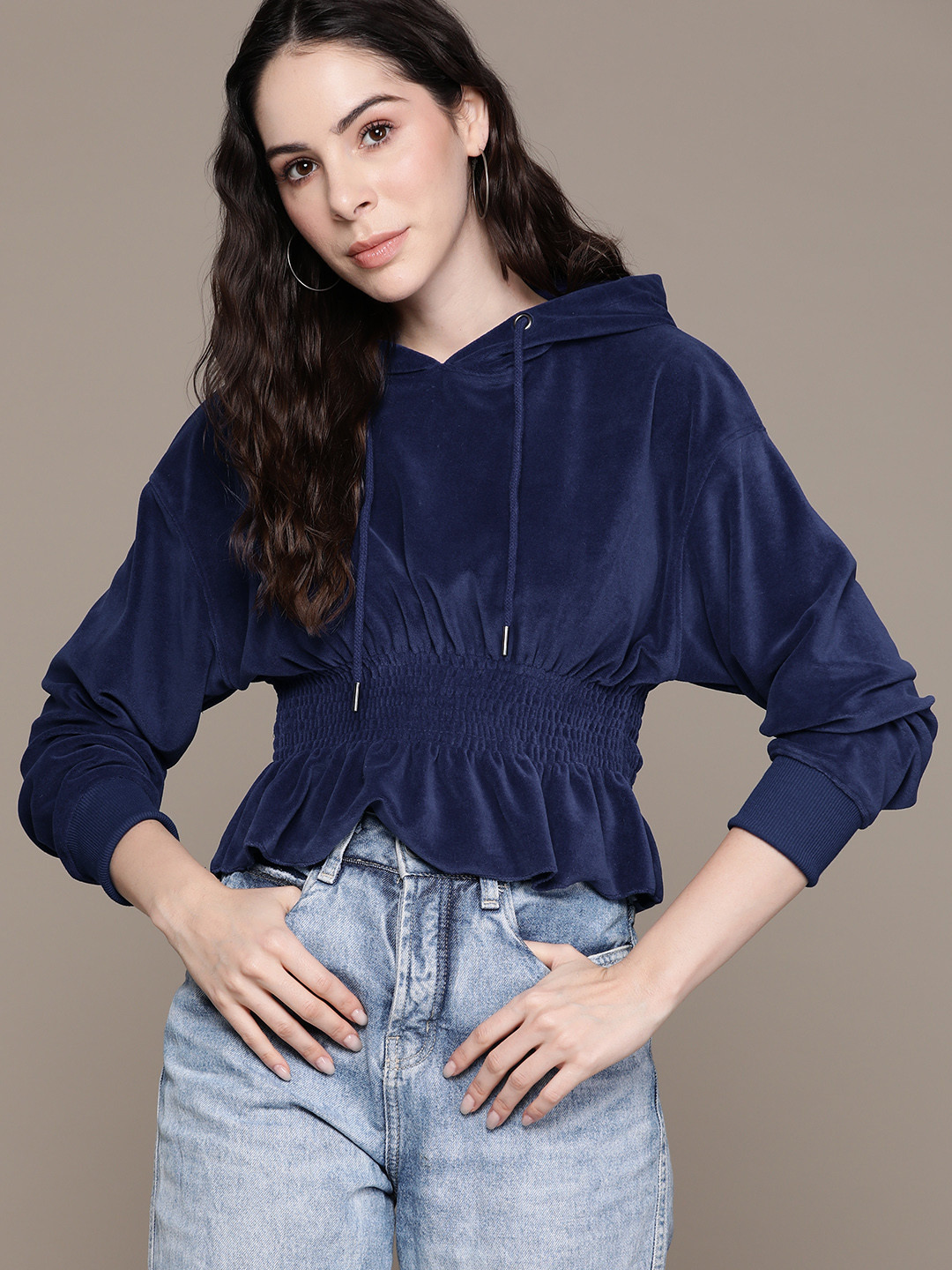 The Roadster Lifestyle Co. Velvet Finish Smocked Hooded Sweatshirt