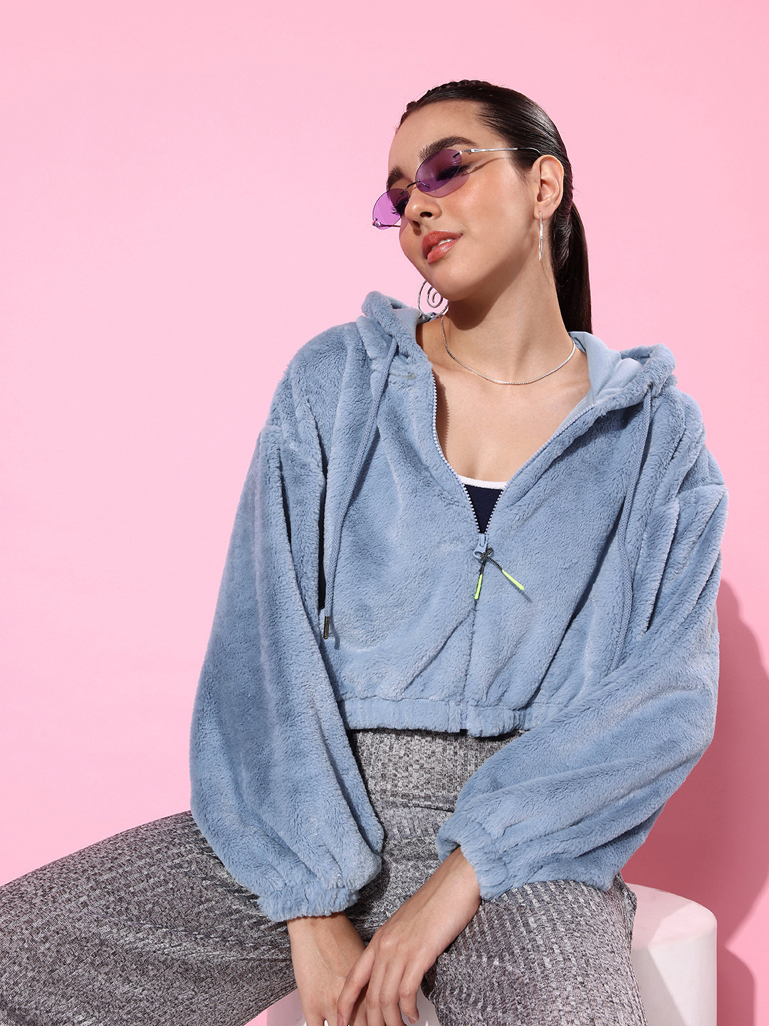 The Roadster Life Co. Solid Hooded Fur Crop Sweatshirt