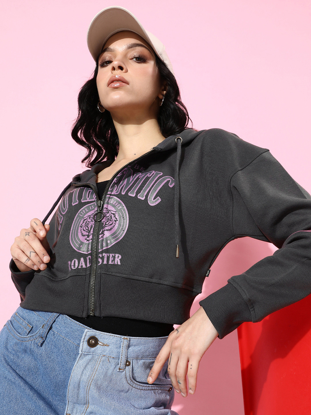 The Roadster Life Co. Printed Winter Discotheque-Very Varsity Hooded Crop Sweatshirt